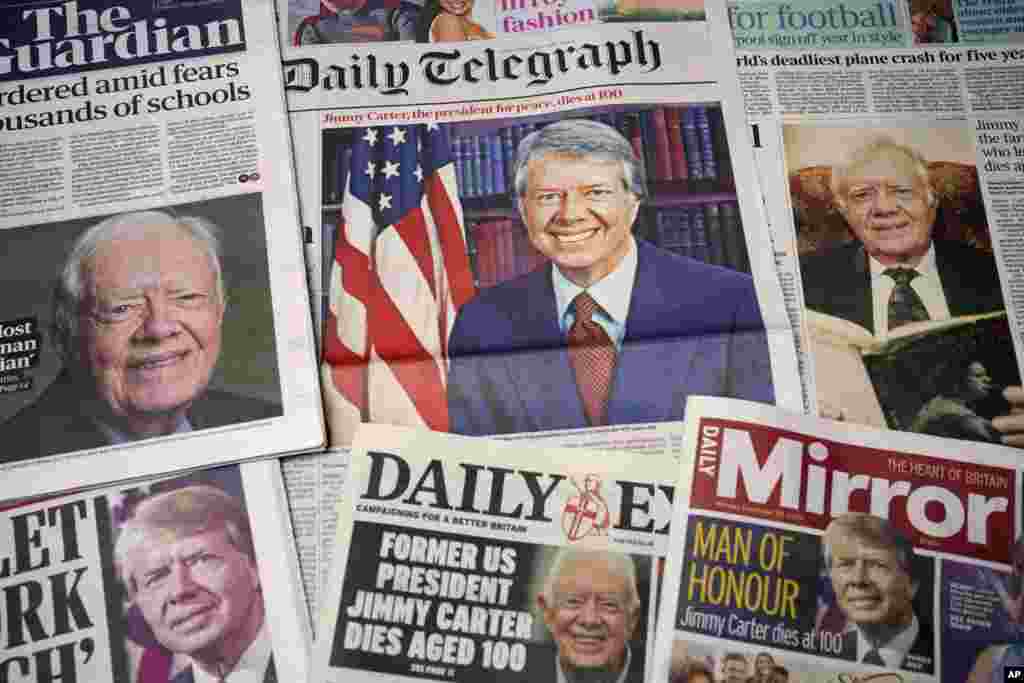 A montage of the frontpages of some Britain's newspapers featuring reaction to death of the former U.S. President Jimmy Carter in London, Dec. 30, 2024.