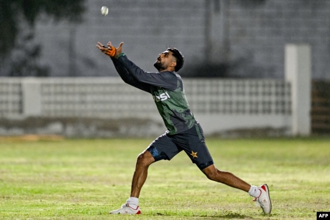 Pakistan's Babar Azam attends a practice session at National Stadium in Karachi on Feb. 16, 2025, ahead of his team's Champions Trophy cricket match against New Zealand.