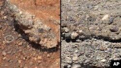 La imagen de NASA muestra un afloramiento de rocas marcianas cerca del lugar de aterrizaje del rover Curiosity en un cráter cerca del ecuador de Marte. (AP Photo / NASA