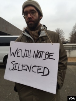 An anti-Donald Trump protester near the Capitol Hill, Washington DC, USA.