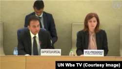 U.N. Special Rapporteur on human rights in Iran Javaid Rehman presents his annual report to the Human Rights Council in Geneva alongside Council Vice President Vesna Batistić Kos, March 11, 2019. 