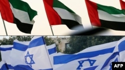 ILUSTRACIJA - Kombinacija dve fotografije na kojima su zastave UAE koje se vijore u Abu Dabiju (gore) i izraleske zastave u Jerusalimu (Foto: AFP/Karim Sahib i Ahmad Gharabli) 