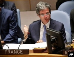 United Nations Ambassador from France, François Delattre, address the U.N. Security Council meeting on the Middle East, May 15, 2018 at U.N. headquarters.