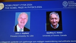 John J. Hopfield dan Geoffrey E. Hinton menerima Penghargaan Nobel Fisika tahun ini, yang diumumkan pada konferensi pers di Akademi Ilmu Pengetahuan Kerajaan Swedia di Stockholm, Swedia, 8 Oktober 2024. (TT News Agency/Christine Olsson via REUTERS)