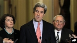 Sen. John Kerry, D-Mass., center, speaks as Sen. Dianne Feinstein, D-Calif., left, Sen. Carl Levin, D-Mich., listen after a closed Senate session in the Old Senate Chamber on Capitol Hill in Washington, Monday, Dec. 20, 2010.