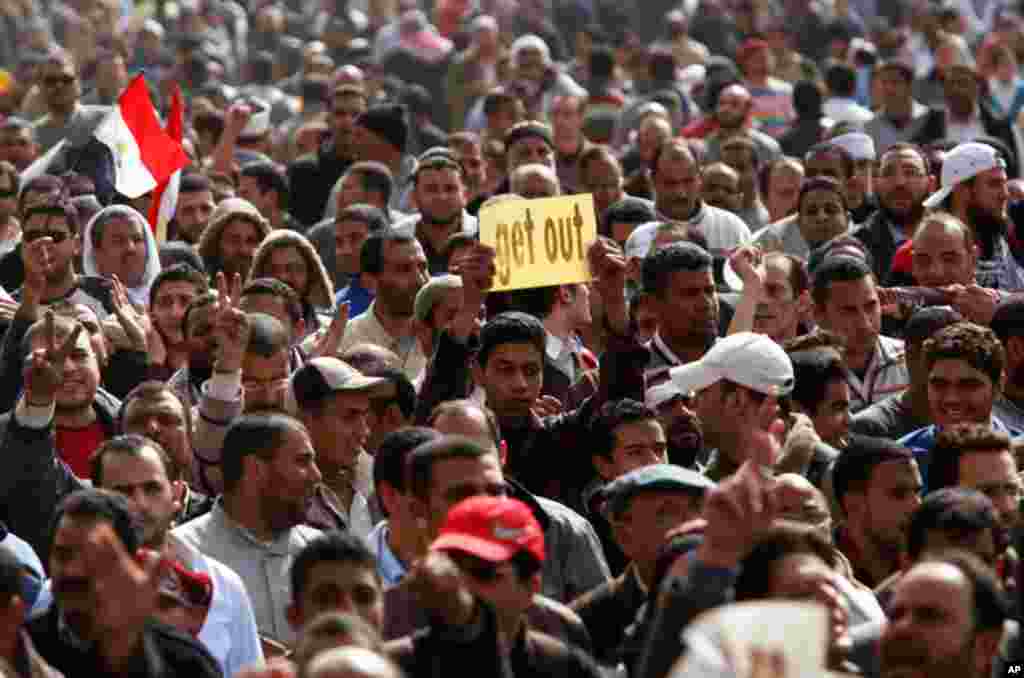 February 4: Opposition supporters rally after Friday prayers in Tahrir Square in Cairo. Tens of thousands of Egyptians prayed for an immediate end to President Hosni Mubarak's 30-year rule, hoping a million more would join them in what they called the "Da