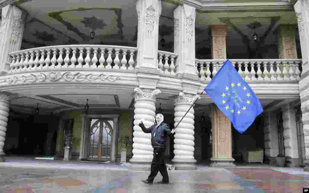A protester waves an EU flag at the Ukrainian President Viktor Yanukovych&#39;s country residence in Mezhyhirya.