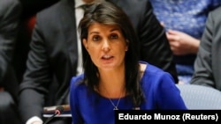 U.S. – United States Ambassador to the United Nations Nikki Haley speaks during the emergency United Nations Security Council meeting on Syria at the U.N. headquarters in New York, U.S., April 14, 2018