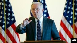 Attorney General Jeff Sessions speaks to law enforcement officials about transnational organized crime and gang violence at the Federal Courthouse, Sept. 21, 2017, in Boston. 