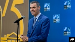 FILE - Spain's Prime Minister Pedro Sanchez speaks during his arrival at the NATO summit on July 10, 2024, in Washington.