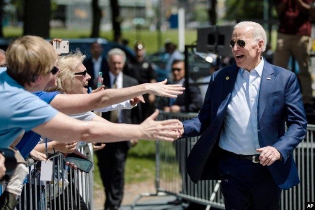 Democratic presidential candidate Joe Biden arrives for a campaign rally at Eakins Oval in Philadelphia, May 18, 2019.