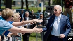 Democratic presidential candidate Joe Biden arrives for a campaign rally at Eakins Oval in Philadelphia, May 18, 2019.