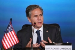 FILE - U.S. Secretary of State Antony Blinken speaks at the Foreign Ministry headquarters in Bogota, Colombia, Oct. 20, 2021.