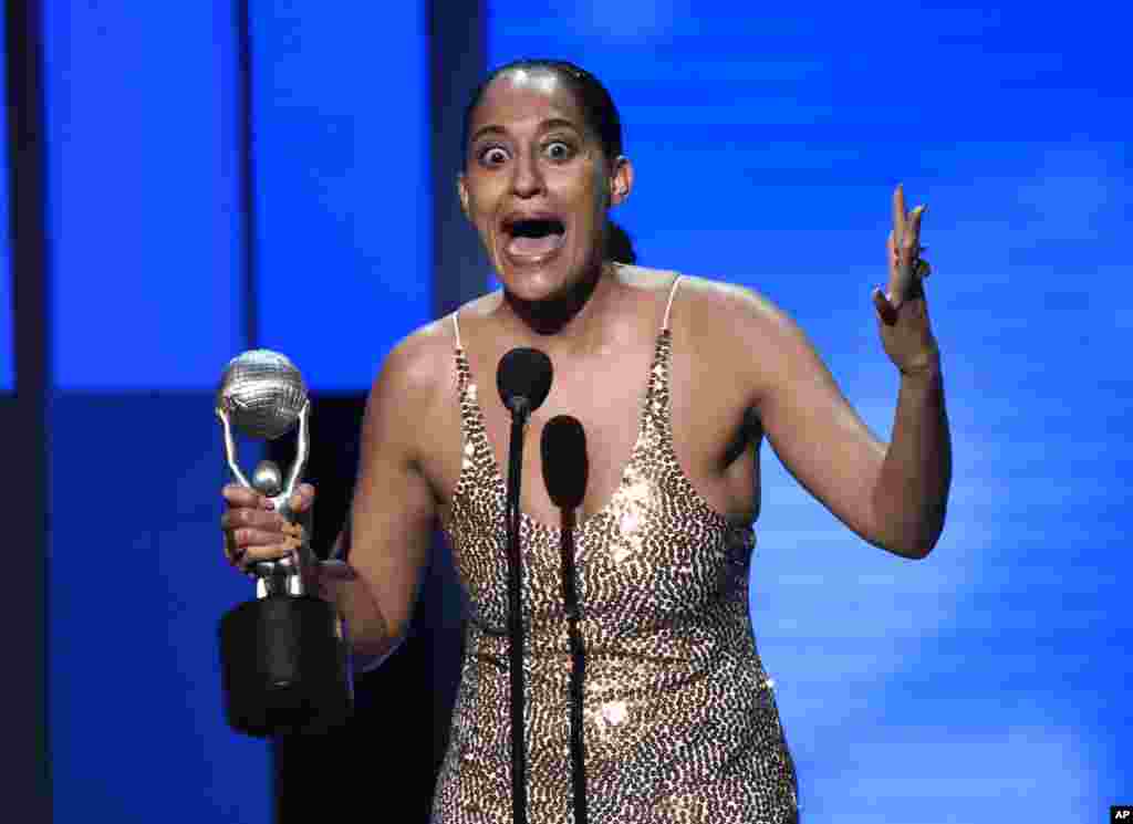 Tracee Ellis Ross accepts the award for outstanding actress in a comedy series for "Black-ish," at the 49th annual NAACP Image Awards at the Pasadena Civic Auditorium in Pasadena, California, Jan. 15, 2018.