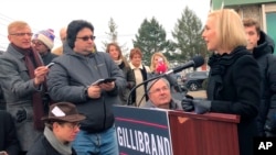 Sen. Kirsten Gillibrand, D-N.Y., holds a news conference outside a local diner, Jan. 16, 2019 in Troy, N.Y., the day after she announced her exploratory committee for a White House run. 