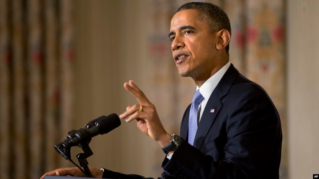 President Barack Obama speaking in the State Dining Room of the White House, Oct. 17, 2013.