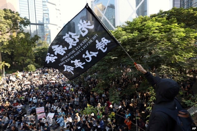 香港一名示威者在抗议游行期间挥舞“光复香港 时代革命”的旗帜。（2019年11月30日）