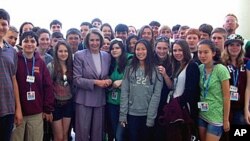 House Speaker Nancy Pelosi greets California students during their trip to Washington, DC.