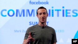 FILE - Facebook CEO Mark Zuckerberg speaks in preparation for the Facebook Communities Summit, in Chicago, Illinois, June 21, 2017. 