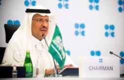 FILE Saudi Arabia's Minister of Energy Prince Abdulaziz bin Salman speaks via video link, in Riyadh, Saudi, April 9, 2020.