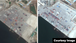 북한 남포항의 지난 8월 위성사진(왼쪽)과 지난해 10월 위성사진. 유엔 안보리의 대북 제재 결의 2270호 채택 후에도 항구에 쌓인 컨테이너 수에 큰 차이가 없다. 구글어스 이미지.