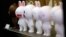 FILE - Figures of Cony the bunny, one of Line's characters, are displayed at the Line Friends flagship shop in Seoul, South Korea. Line, founded five years ago, already has a billion global registered users.