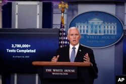 FILE - Vice President Mike Pence speaks about the coronavirus in the James Brady Press Briefing Room of the White House, in Washington, April 17, 2020.