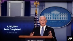 Vice President Mike Pence speaks about the coronavirus in the James Brady Press Briefing Room of the White House, in Washington, April 17, 2020.