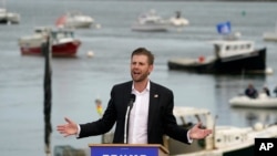 FILE - Eric Trump, son of President Donald Trump, speaks at a campaign rally in support of his father, in Saco, Maine, Sept. 17, 2020. 