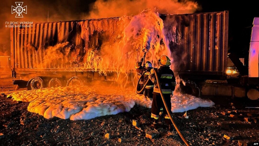 FILE - Firefighters work to extinguish a fire on the port infrastructure on the Danube River, in the Odesa region, on Oct. 6, 2023, amid the Russian invasion in Ukraine. (Ukrainian Emergency Service via AFP)