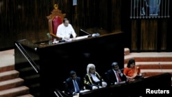 Sri Lanka's President Maithripala Sirisena announces the policy statement at the 8th session of the parliament after suspended the legislature on April 12 during a ceremony in Colombo, Sri Lanka, May 8,2018. 
