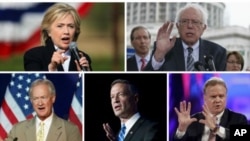 Democratic presidential candidates, clockwise, from top left, former Secretary of State Hillary Clinton, Senator Bernie Sanders, former Senator Jim Webb, former Maryland Governor Martin O'Malley and former Rhode Island Senator Lincoln Chafee.