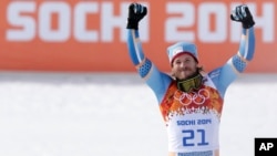 16일 열린 소치 동계올림픽 알파인스키 남자 슈퍼대회전에서 노르웨이의 크에틸 얀스루드가 금메달을확정짓고 기뻐하고 있다. 