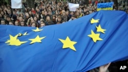 Activists wave European Union flags during a rally in support of Ukraine's integration with the European Union in the center of Lviv, Western Ukraine, Nov. 22, 2013. 