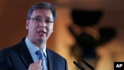 Serbian Prime Minister Aleksandar Vucic speaks during the Business Forum Serbia-Albania, in the town of Nis, Serbia, Oct. 14, 2016. 