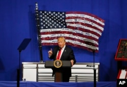 President Donald Trump speaks at Snap-On Tools, Tuesday, April 18, 2017, in Kenosha, Wis.