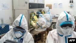 Des membres de l'Université nationale des sciences et technologies (NUST) travaillent dans un centre de test de laboratoire COVID-19 à l'hôpital Mpilo de Bulawayo, Zimbabwe, le 25 avril 2020.