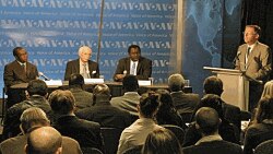 VOA Director Danforth W. Austin introduces panelists John Tanza Mabusu, Andrew Natsios, and Ezekiel Gatkuoth at event titled, "South Sudan: Building a New Nation."