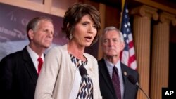 From left, Rep. Ted Poe, R-Texas, Rep. Kristi Noem, R-S.D., Rep. Rick Nolan, D-Minn., announce that bipartisan End Sex Trafficking Act of 2013, Capitol Hill, Aug. 1, 2013.