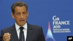 French President Nicolas Sarkozy delivers a speech during an Interior and Justice Ministers of the G8 meeting on the fight against transatlantic cocaine trafficking, at the Elysee Palace in Paris, May 9, 2011.