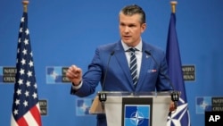 United States Secretary of Defense Pete Hegseth speaks during a media conference after a meeting of NATO defense ministers at NATO headquarters in Brussels, Feb. 13, 2025.