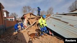 Rescatistas trabajan con perros para buscar entre los escombros en la aldea de Hanshanjia, después del terremoto en el condado de Jishishan, provincia de Gansu, China, 19 de diciembre de 2023.