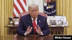 U.S. President Donald Trump speaks in a video message released via Twitter in Washington, U.S. January 13, 2021.