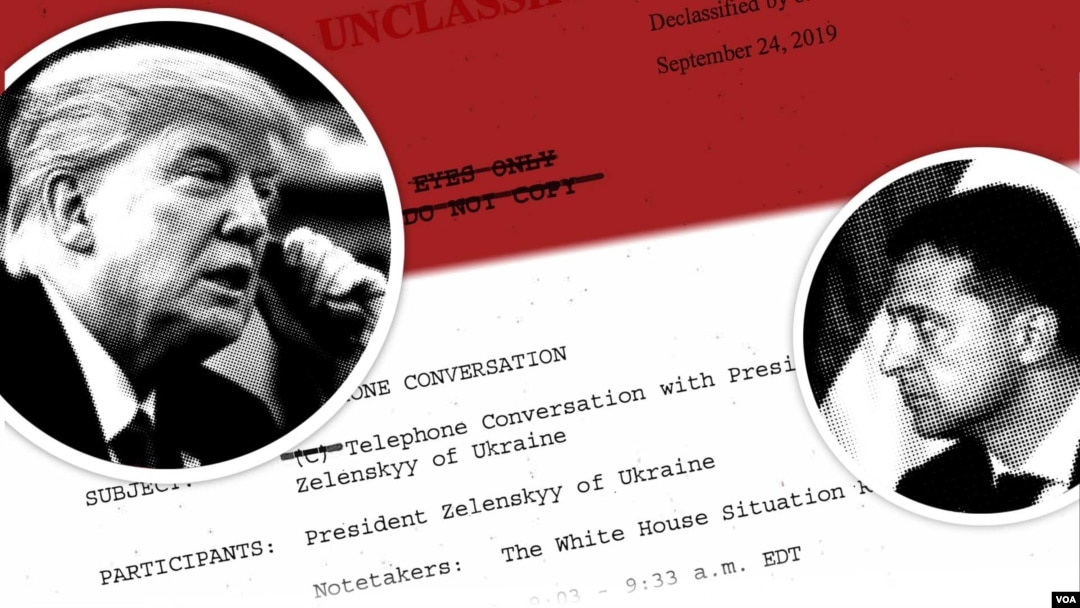 FILE - An iIllustration with photos of Presidents Donald Trump and Volodymyr Zelenskiy superimposed over a transcript of their July 25 phone call.