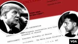 FILE - An iIllustration with photos of Presidents Donald Trump and Volodymyr Zelenskiy superimposed over a transcript of their July 25 phone call.