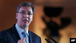 FILE - Serbian Prime Minister Aleksandar Vucic speaks during the Business Forum Serbia-Albania, in the town of Nis, Serbia, Oct. 14, 2016. 