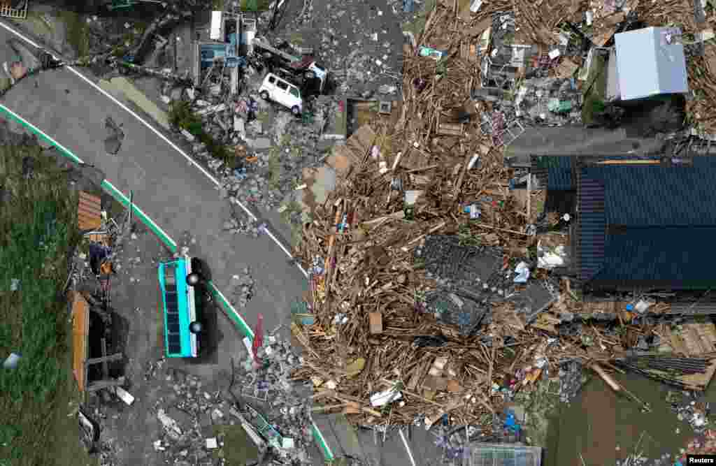 A view shows damages after floods caused by torrential rain, in Kumamura, Kumamoto Prefecture, southwestern Japan.