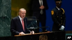 Turkey President Recep Tayyip Erdoğan addresses the 79th session of the United Nations General Assembly, at U.N. headquarters, Sept. 24, 2024.