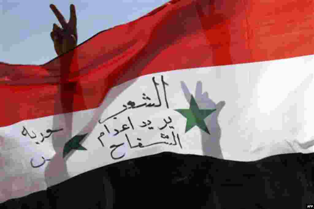 Syrian expatriates gesture as they hold a Syrian national flag during a protest organized by Jordanian tribes in solidarity with the Syrian people in Mafraq city, near the Jordanian-Syrian border, Friday, Aug. 19, 2011. The Arabic writings on the flag rea