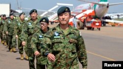 Japanese peacekeepers arrive at the Juba airport to participate in the United Nations Mission in South Sudan (UNMISS) in South Sudan's capital Juba, Nov. 21, 2016. 